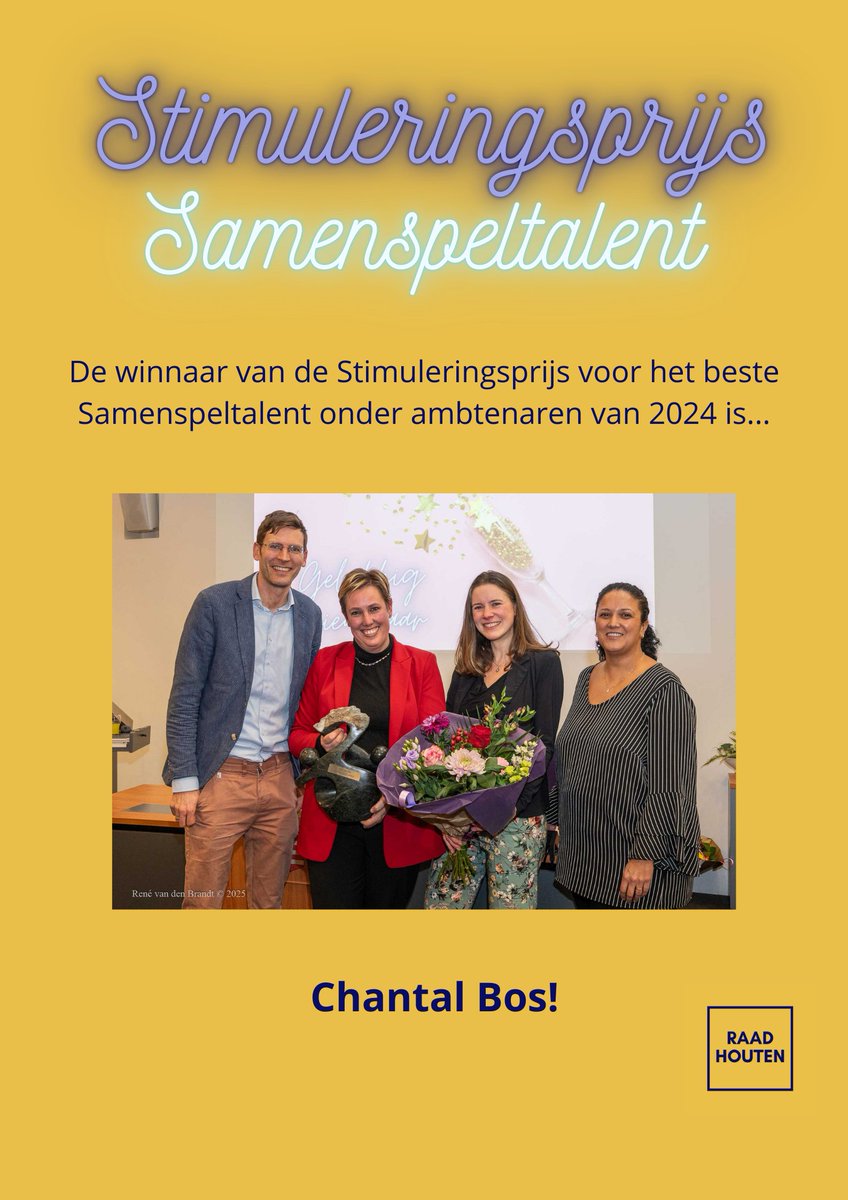 Tijdens de nieuwjaarsreceptie op 6 januari is de Stimuleringsprijs voor het beste Samenspeltalent onder ambtenaren uitgereikt aan Chantal Bos!