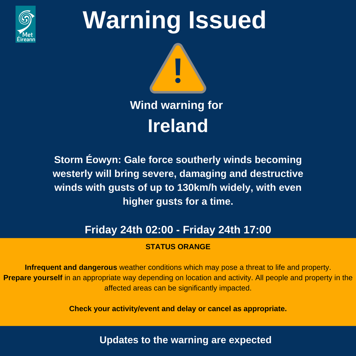 An Orange Wind Warning has been issued for Ireland, due to Storm Éowyn, beginning 02:00 Friday 24th, valid until 17:00 Friday 24th.

Please check the details below. 

met.ie/warnings-frida…

#stormÉowyn