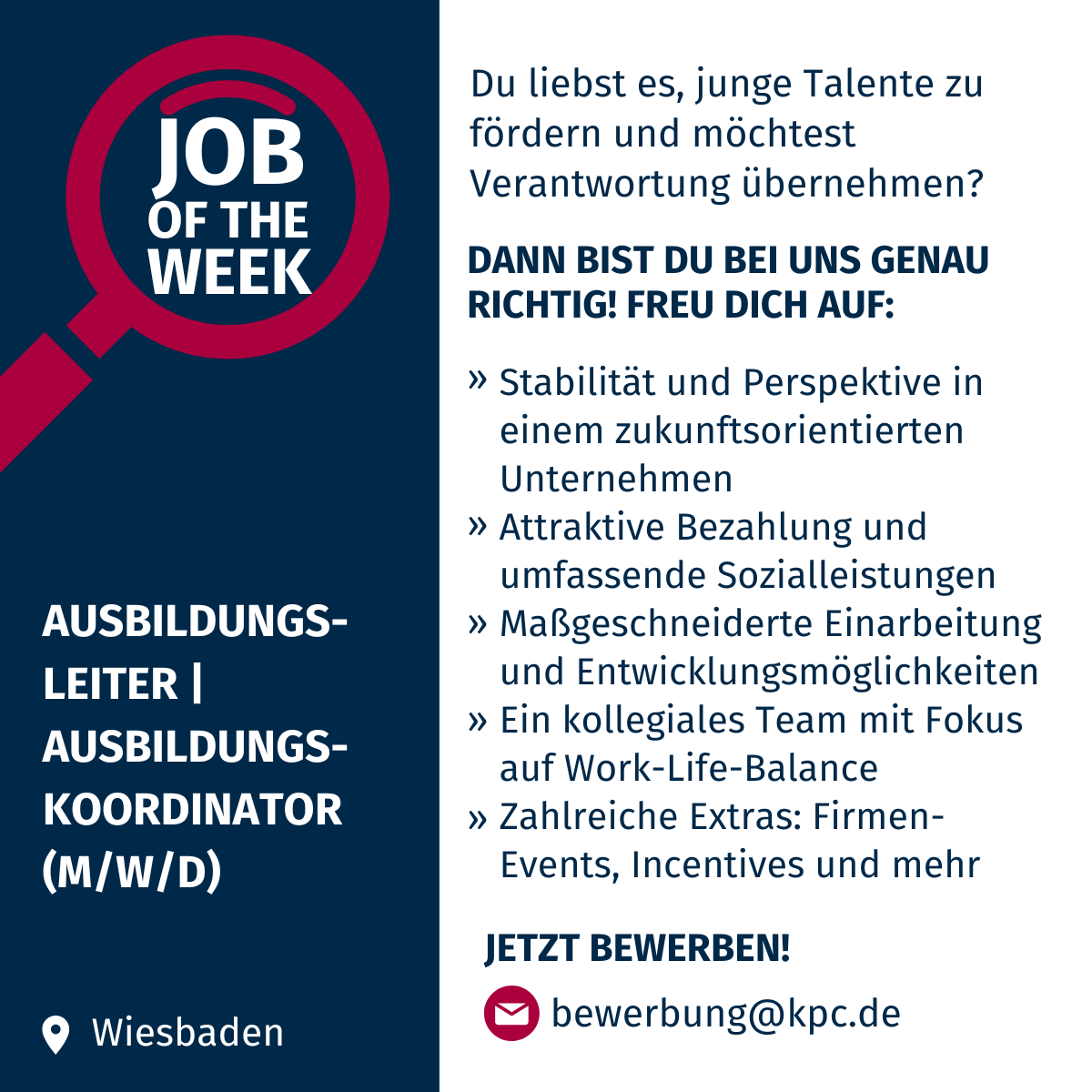 kpc_deutschland's tweet photo. Job of the Week: Ausbildungsleiter | Ausbildungskoordinator (m/w/d)
Du möchtest junge Talente fördern? Bewirb dich jetzt bei K&amp;P Computer in Wiesbaden! 
➡️ Mehr erfahren: https://t.co/03Ni46sMLK
#kpc #blueconsult #karriere #joboftheweek #ausbildungsleiter #ausbildungskoordinator https://t.co/6pE71f1waX