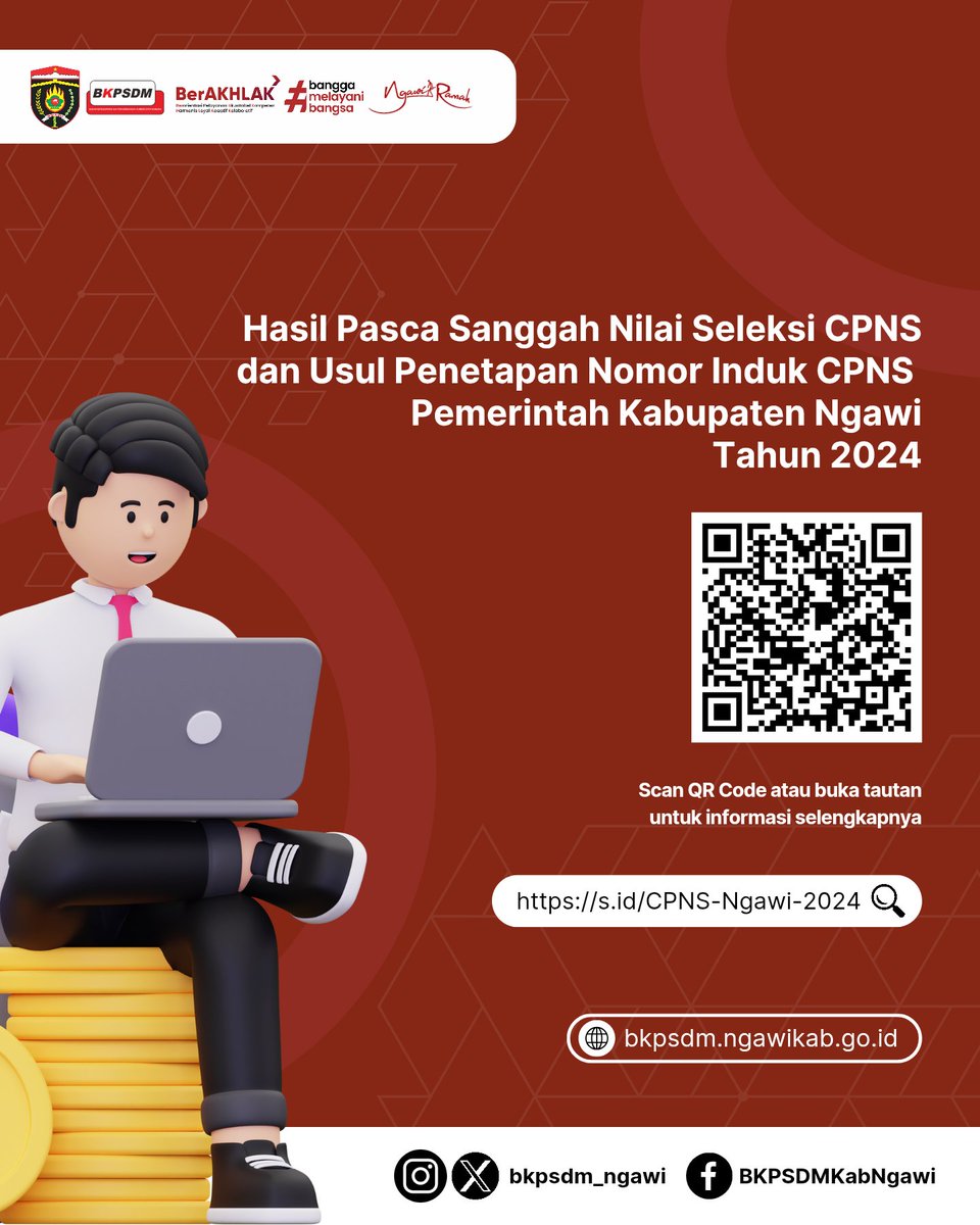Pengumuman Hasil Pasca Sanggah Nilai Seleksi CPNS &amp; Usul Penetapan NI CPNS Pemkab Ngawi Th 2024 sudah keluar, mimin persilahkan merapat website BKPSDM Ngawi

s.id/CPNS-Ngawi-2024

Selamat &amp; sukses,
saatnya bersiap untuk menjadi bagian dari PemKab Ngawi  🫰🏻👋🏻💪🏻

<a href="/ngawikab_/">Pemerintah Kabupaten Ngawi</a>