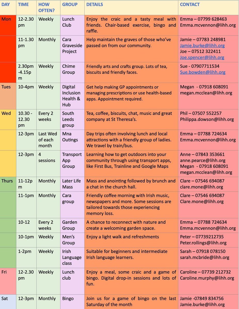 Beat Blue Monday…

📱 Phone a friend
🍽 Challenge yourself to make something new from it
🌳 Head outside for a walk
👟 Do some chair exercises
🎨 Ring LIHH on 0113 262 5614 and ask about that group or activity you've been meaning to join (latest version of the timetable below).