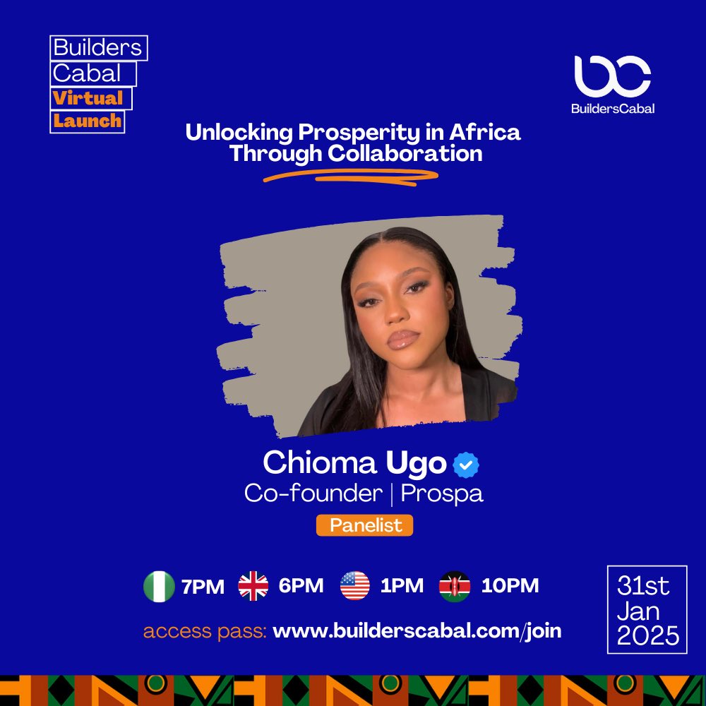 Yayy!!
Hey Builders, Chioma Ugo of <a href="/getProspa/">Prospa</a> will be speaking at our Virtual Launch Party 🎉. 

This is exclusive to our community members, if you’d like to get into the room, you need to click this link - builderscabal.com/join