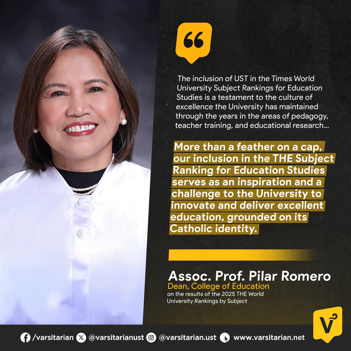varsitarianust's tweet photo. Education Dean Pilar Romero said the inclusion of UST’s education studies subjects in the 2025 Times Higher Education’s subject rankings highlights the University’s commitment to advancing teacher training and research.

UST landed in the 501-600 bracket globally and placed second among Philippine schools in the education studies category, which assessed areas such as teacher training and academic studies in education.

READ: https://t.co/mSu6V0O1tB