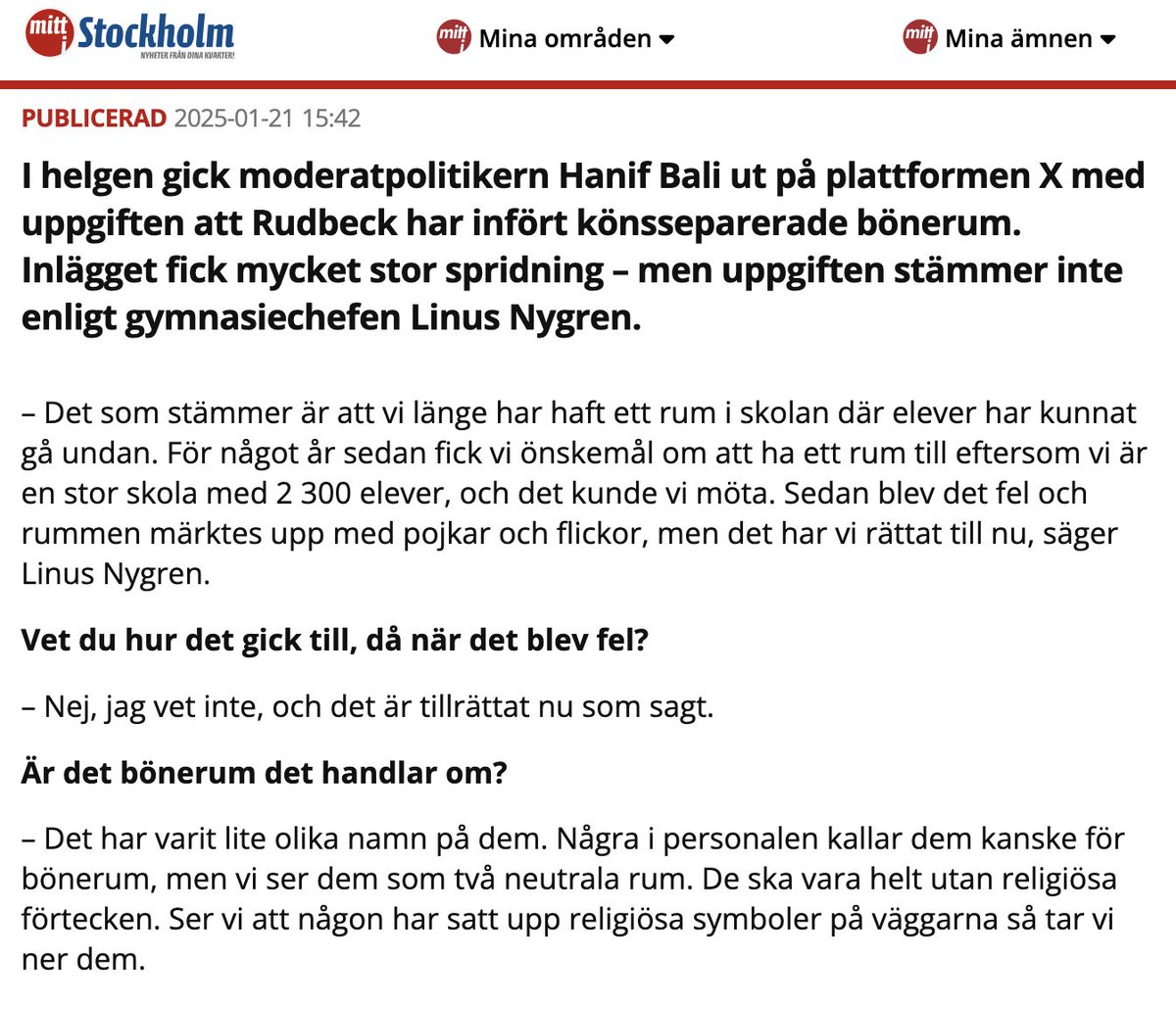 hanifbali's tweet photo. Nu har jag spridit desinformation igen.

Rudbeck hade inte könsuppdelade bönerum. 

De hade "neutralt rum att gå undan som av personalen kallas för bönerum som var uppdelat efter kön".

Bra och viktig faktagranskning. https://t.co/5yWrHcxEqC