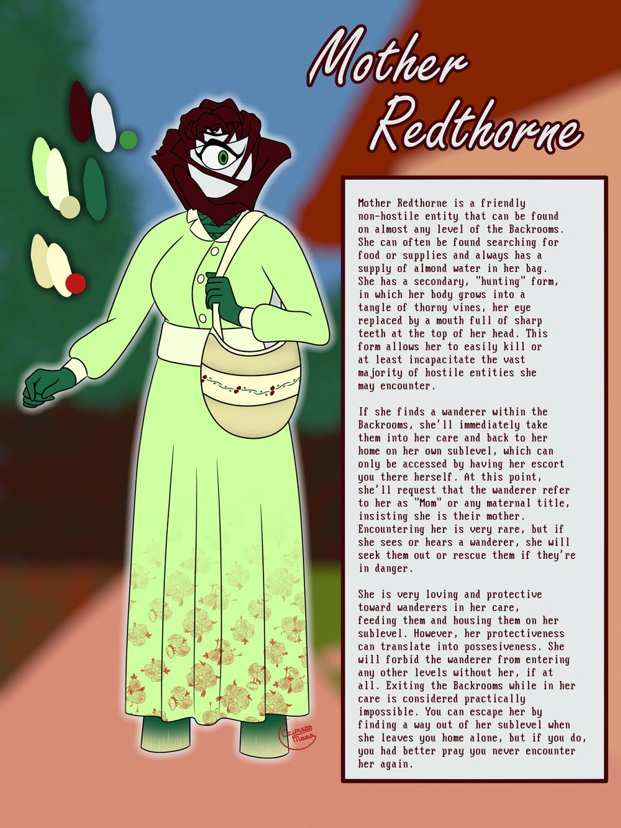 Cr1ms0nM00n's tweet photo. I wanted to step out of my comfort zone and made a Backrooms/weirdcore/nostalgiacore OC!

Meet Mother Redthorne! A sweethearted motherly entity that compulsively adopts any helpless wanderer she happens across!
#Backrooms #BackroomsOC #BackroomsArt #weirdcore #nostalgiacore https://t.co/5j6OrNCm2z