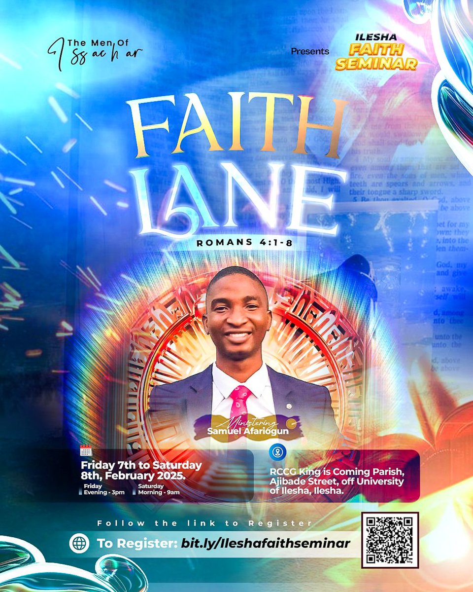 MenofIssachar_'s tweet photo. Join us on the FAITH LANE

Ministering: Samuel Afariogun 
Dates: 6th - 7th February, 2025
Time: 3pm and 9am respectively

Don’t miss this divine encounter!

 Register now at https://t.co/mx9EGKX84W

#faithlane #ileshafaithseminar #growyourfaith #faithjourney #menofissachar #moi https://t.co/R0bESyceSW