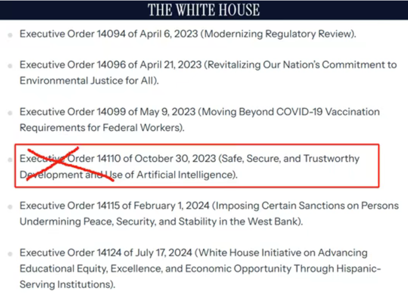 Liu3King's tweet photo. Order 14110 is a strict #AI regulatory order that requires AI companies to share their achievements. #Trump has repealed Order 14110, stating that it seriously hinders the innovative development of AI, especially in the competitive field of generative AI between China and USA. https://t.co/hLYixXpWJN