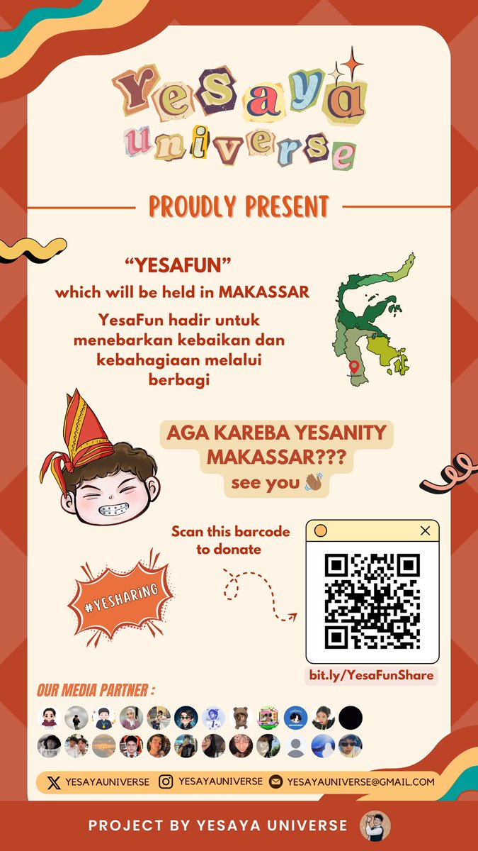 yesayauniverse's tweet photo. 𝐀𝐆𝐀 𝐊𝐀𝐑𝐄𝐁𝐀, 𝐘𝐄𝐒𝐀𝐍𝐈𝐓𝐘 𝐌𝐀𝐊𝐀𝐒𝐒𝐀𝐑?👋

𝐘𝐞𝐬𝐚𝐲𝐚 𝐔𝐧𝐢𝐯𝐞𝐫𝐬𝐞 𝐓𝐞𝐚𝐦 𝐏𝐫𝐨𝐮𝐝𝐥𝐲 𝐏𝐫𝐞𝐬𝐞𝐧𝐭
𝒀𝒆𝒔𝒂𝑭𝒖𝒏 𝑺𝒉𝒂𝒓𝒆 𝑭𝒐𝒐𝒅 𝑪𝒉𝒂𝒓𝒊𝒕𝒚: 𝑺𝒑𝒓𝒆𝒂𝒅 𝒕𝒉𝒆 𝑱𝒐𝒚

First Charity Project in Makassar🥳
Let’s donate to share food and bring joy to others!
🔗 https://t.co/bTiU9gAoJq

Periode donasi : 20 - 25 Januari 2025
Tunggu apa lagi? Yuk donasi sekarang✨

Also special thanks to our media partner 🌟🤎

#YESharing #YESANITY