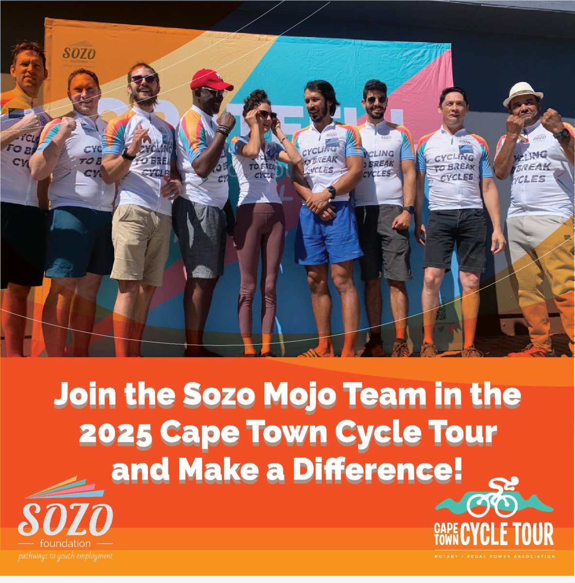 SozoFoundation's tweet photo. Deadline: Monday 27 January 2025 ❗ 
Sign up with Sozo and cycle to break cycles! 
https://t.co/mXCjlExE4l 

Every cent raised from this event supports The Sozo Foundation, fostering growth and development where needed most.

#ctcycletour #ctcycletour2025 #thesozofoundation https://t.co/lsS06KZ3ux