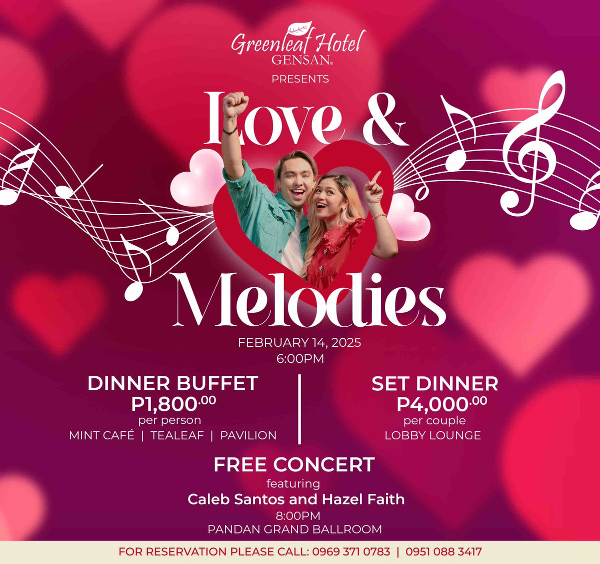 A symphony of love awaits at <a href="/GreenleafhotelG/">Greenleafhotelgensan</a> .💞✨

This Valentine’s Day, let your heart dance to the rhythm of 𝐋𝐨𝐯𝐞 &amp; 𝐌𝐞𝐥𝐨𝐝𝐢𝐞𝐬 🎼 

For inquiries: text or call 0969-371-0783 | 0951-088-3417 or message us directly.

#ValentinesSpecial #ValentinesDay 
#SetDinner
