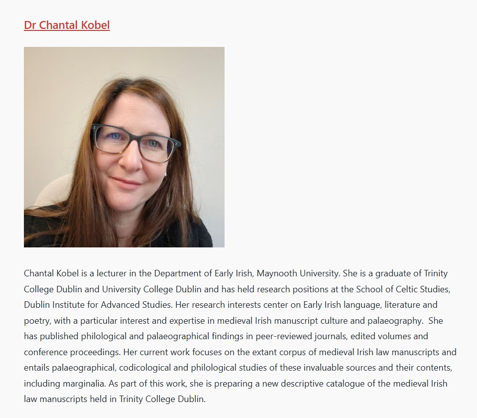 Deborah Hayden (@dhaydenceltic) on Twitter photo Thrilled to welcome the brilliant <a href="/ChantalKobel/">Chantal Kobel</a> as a Research Affiliate on the LEIGHEAS project <a href="/EarlyIrishMU/">Early Irish Maynooth</a>! Dr Kobel is a leading expert in the palaeography and codicology of medieval Irish manuscripts, with a particular interest... Thrilled to welcome the brilliant <a href="/ChantalKobel/">Chantal Kobel</a> as a Research Affiliate on the LEIGHEAS project <a href="/EarlyIrishMU/">Early Irish Maynooth</a>! Dr Kobel is a leading expert in the palaeography and codicology of medieval Irish manuscripts, with a particular interest...