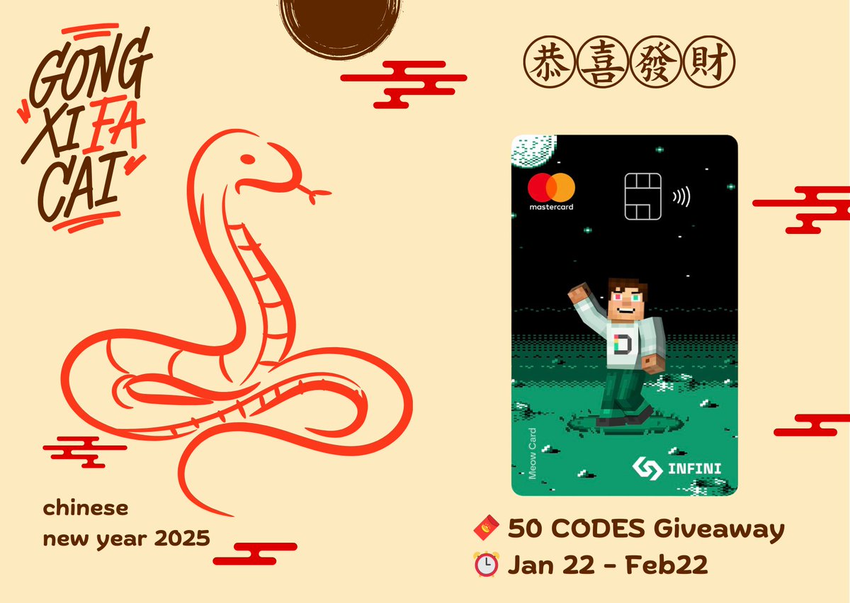 🎉 Lunar New Year Giveaway - Year of the Snake! 🐍
To celebrate with our Chinese-speaking community, we’ve teamed up with Infini to give away the exclusive Infini-DEGO Mastercard!

🧧 ONLY 50 CODES AVAILABLE!

To Enter:
1️⃣ Follow @Dego_Finance + <a href="/0xinfini/">Infini</a>
2️⃣ RT &amp; Like this tweet