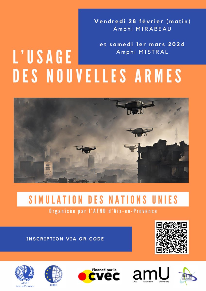AFNUAix's tweet photo. 📣L'AFNU-Aix vous invite à participer à la SimONU 2025 qui aura lieu les 28 février au matin et 1er mars à la Faculté de droit d'Aix ! 

Thème : "L'usage des nouvelles armes"

Inscription (seul ou à deux) : https://t.co/BTeO4XsIVK

Page de l'événement : https://t.co/fUzRa5n4Rr https://t.co/4jowH7nwTH