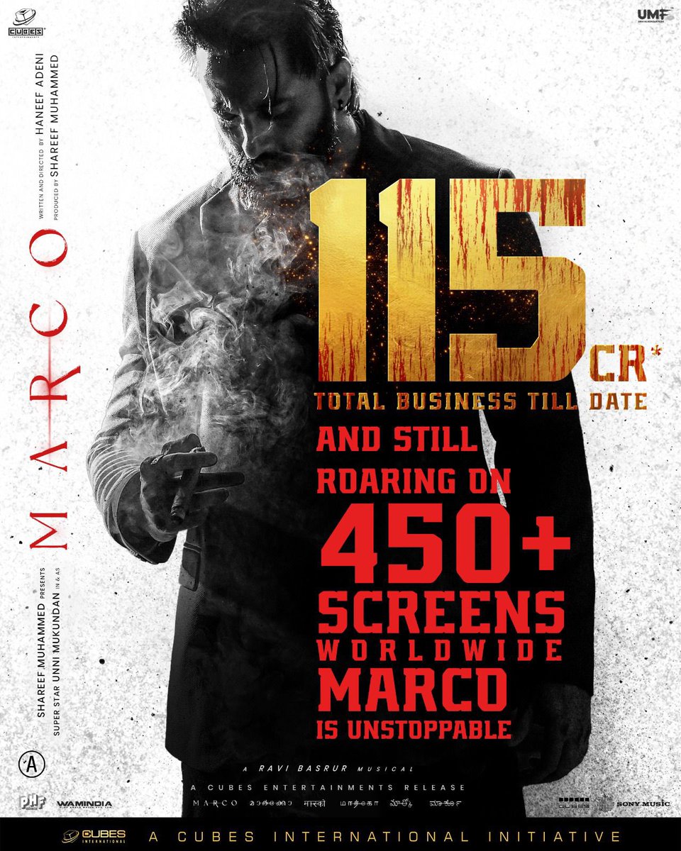 SDFilmyNews's tweet photo. #UnniMukundan starrer Malayalam movie #Marco grossed Rs. 115 crore at the worldwide #BoxOffice. The movie is still showing in more than 450 screens worldwide. Beat #LifetimeCollection of #TovinoThomas starrer #ARM. https://t.co/2I6PChi9W1
