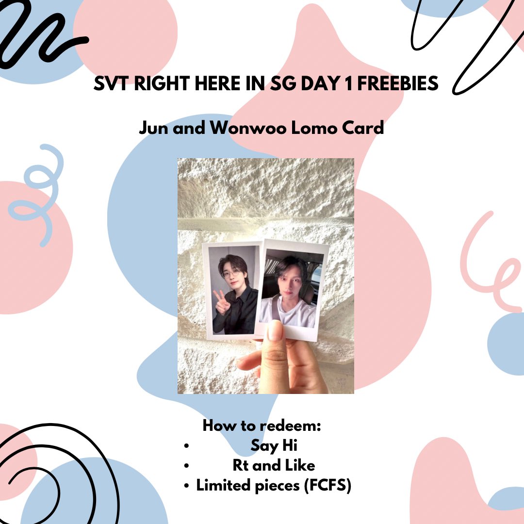 Additional Jun and Wonwoo freebies for SEVENTEEN RIGHT HERE in Singapore Day 1🇸🇬  

🩷25th January 2025 (Saturday)
🩵Location will be updated on d-day
🩷Rt and Like

See you CARATS🩵🩷

#SEVENTEEN_RIGHT_HERE_IN_SINGAPORE #SVT_RIGHT_HERE_IN_SINGAPORE #seventeeninsg