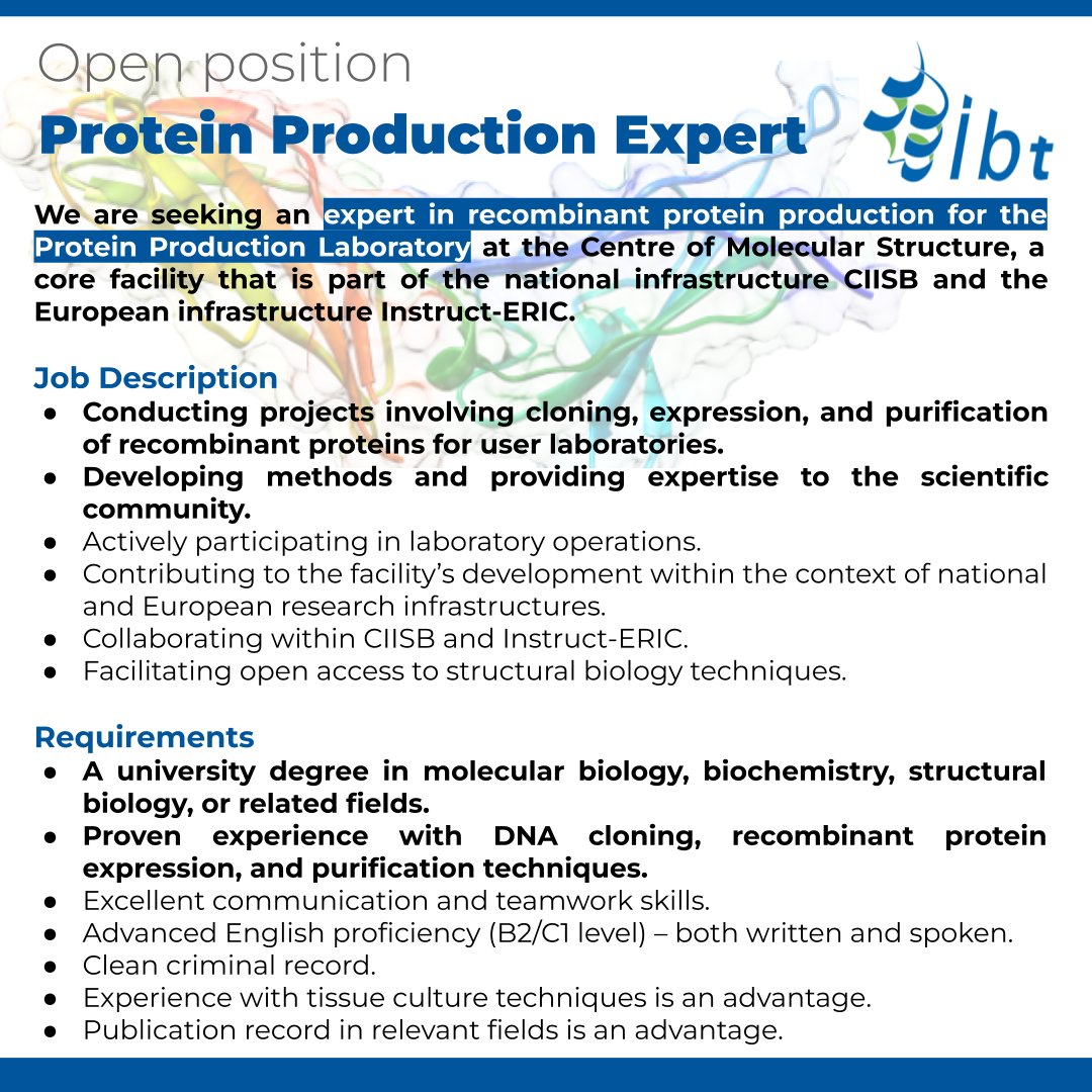 researchjobs_cz's tweet photo. The Institute of Biotechnology of the Czech Academy of Sciences @IBT_CAS seeks for a #Protein Production Expert
Read more: https://t.co/M9hlWxT7eh
#molecularBiology #biochemistry #structuralBiology #DNAcloning #recombinant #proteinExpression https://t.co/5Pv4UGywWa