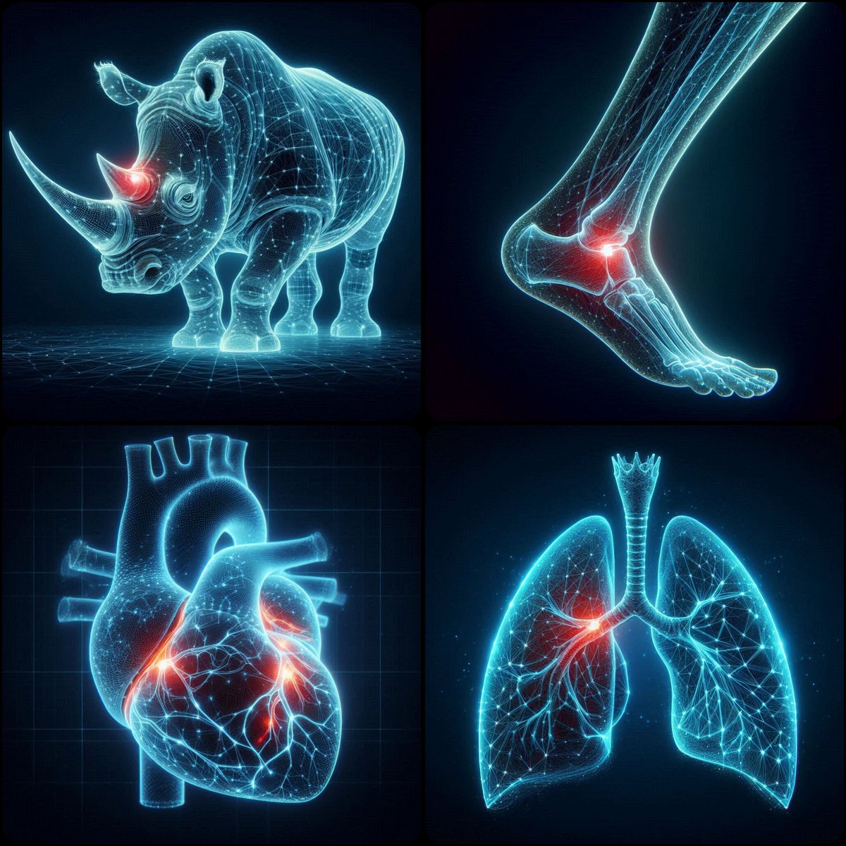 umesh_ai's tweet image. Prompt: A digital illustration of a [SUBJECT], portrayed with a network of glowing clean pristine blue lines outlining its anatomy. The image is set against a dark background, highlighting the [SUBJECT] form and features. A specific area such as [PART] is emphasized with a red…