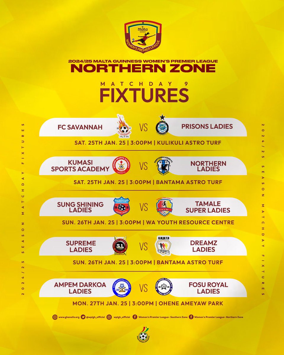 🗣️: Fixtures for week 9🙌🏾

#NorthernZone🔥 | #SouthernZone🔥 

#SheDidThat
#MaltaGuinnessWPL
#BetwayGh |  #WPLwk9