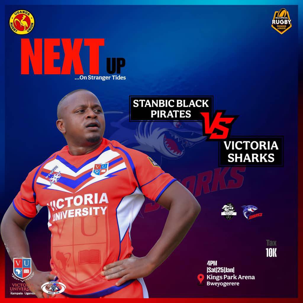 Next up... On Stranger Tides 

The Victoria Sharks are ready to take on the Stanbic Black Pirates in a clash of titans! 🏉
📍 Kings Park Arena, Bweyogerere

📅 Saturday, 25th Jan | 🕓 4 PM


Come roar with the Sharks! 🦈 #VictoriaSharks #RugbyPremiership
#NileSpecialRugby