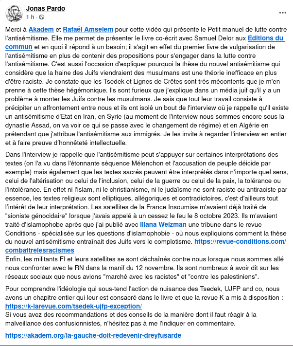 Mise au point à propos de la campagne mensongère menée par UJFP, Tsedek and cie. Merci de ne pas isoler un extrait d'une vidéo pour me faire exprimer le contraire de ce que je dis et écris depuis 10 ans. Merci de mener le débat avec honnêteté intellectuelle.