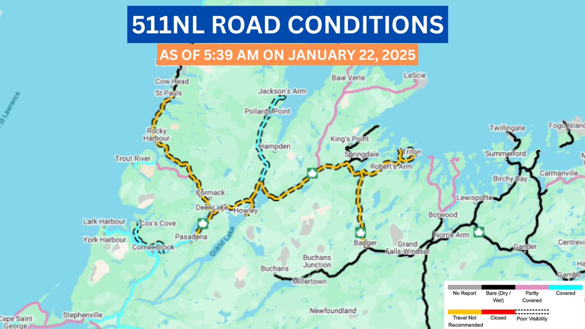 Travel is currently not recommended between Badger and Deer Lake on the TCH, between Deer Lake and St. Pauls on Route 430, and between the ends of Routes 380/382 in Notre Dame Bay. Travel is also not recommended on Route 401 into Howley. #nlwx #nltraffic