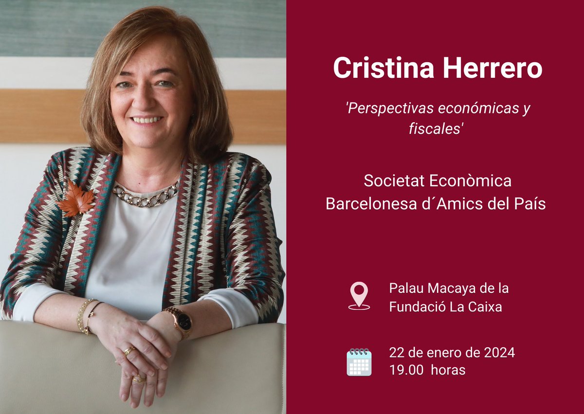 La presidenta de la <a href="/AIReF_es/">AIReF</a> <a href="/CHerreroSanchez/">Cristina Herrero Sánchez</a> imparte hoy una conferencia en un acto organizado por <a href="/amicspais/">Amics del País</a> <a href="/BcnTribuna/">Barcelona Tribuna</a> 

🗓️ 22 enero 2025
🕐 19.00 horas
📍 Caixafórum Macaya