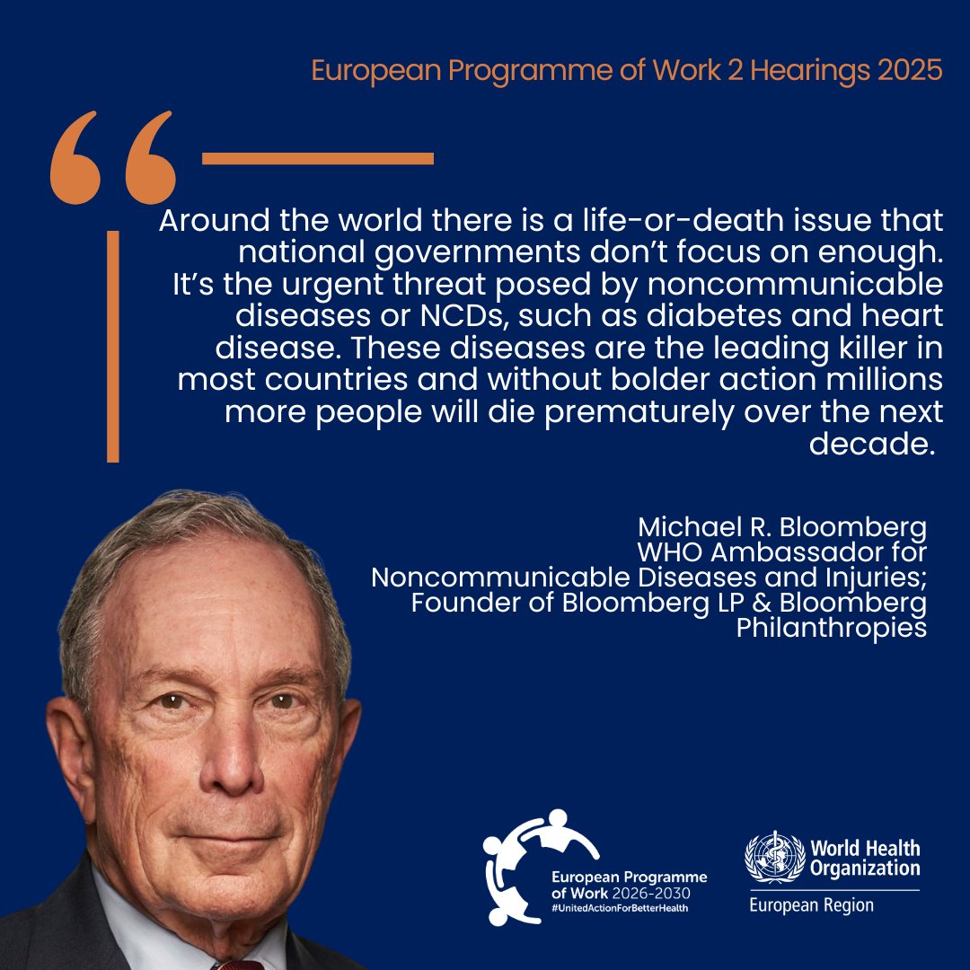 WHO/Europe (@who_europe) on Twitter photo We need bold action says <a href="/MikeBloomberg/">Mike Bloomberg</a> at the first WHO/Europe public hearing – shaping the future of health. 🌍Let's team up to #beatNCDs and save countless lives.
#UnitedActionForBetterHealth We need bold action says <a href="/MikeBloomberg/">Mike Bloomberg</a> at the first WHO/Europe public hearing – shaping the future of health. 🌍Let's team up to #beatNCDs and save countless lives.
#UnitedActionForBetterHealth