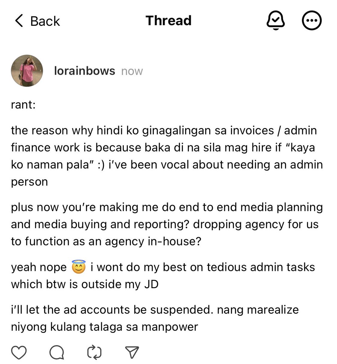lorainbows's tweet photo. Buti pa yung threads may enough character count for rants https://t.co/P9NdJx3QOc