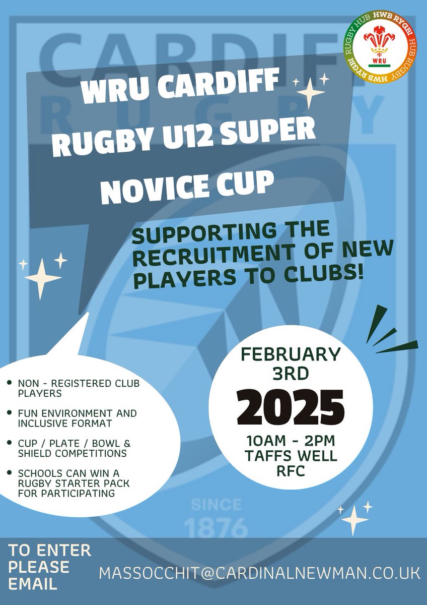 🚨 Schools in the Cardiff Rugby Region! 🚨

Excited to announce the U12 Novice Cup! 🏉

Squads of 8-20 players welcome, with flexible rules for an engaging experience. A great chance for players to develop their skills and enjoy the sport. 

Email myself for the sign up link!