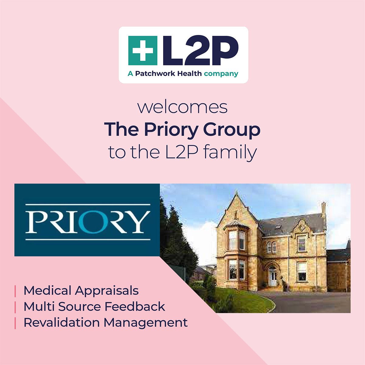 <a href="/L2pEnterprise/">L2P Enterprise</a>  Ltd. the number one provider of medical appraisals and revalidation management systems is delighted to welcome <a href="/PrioryGroup/">Priory</a> for #medicalappraisals, #multisourcefeedback and #revalidationmanagement to our family.
#l2p #patchworkhealth #appraisals #workforce