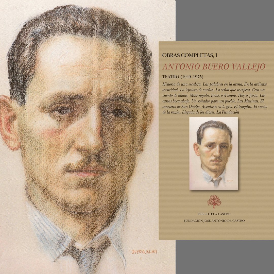 👉📚 Este autorretrato que Buero Vallejo dibujó en 1947 ilustra la portada de nuestras Obras completas y nos recuerda que el gran dramaturgo, antes que nada, fue pintor. De ahí que Javier Huerta apunte en el prólogo: "[Buero] ...entendía el escenario a modo de lienzo... en el que