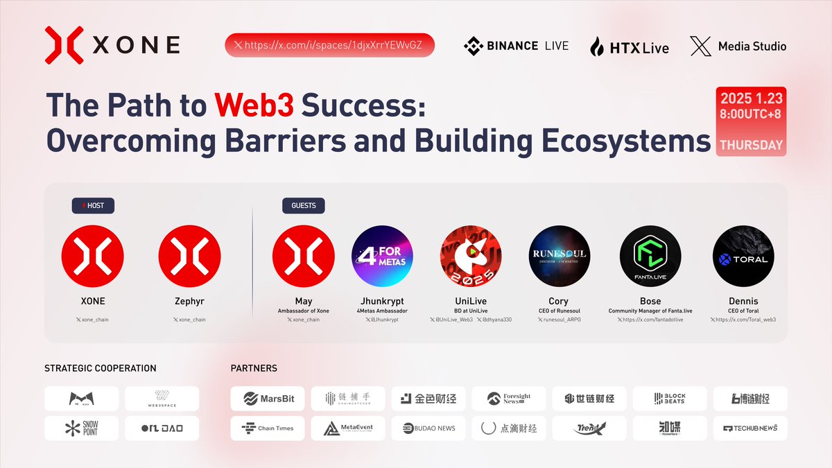 🎯 The Path to Web3 Success: Overcoming Barriers and Building Ecosystems 🌟

📅 Date &amp; Time: Jan 23, 2025, 8:00 PM (UTC+8)
🔗 Join the Space: x.com/i/spaces/1djxX…

🎙 Hosts:  XONE (<a href="/xone_chain/">Xone</a>)  Zephyr 

🎙 Guest Speakers:

🔸 May - Ambassador of XONE (<a href="/xone_chain/">Xone</a>)
🔸