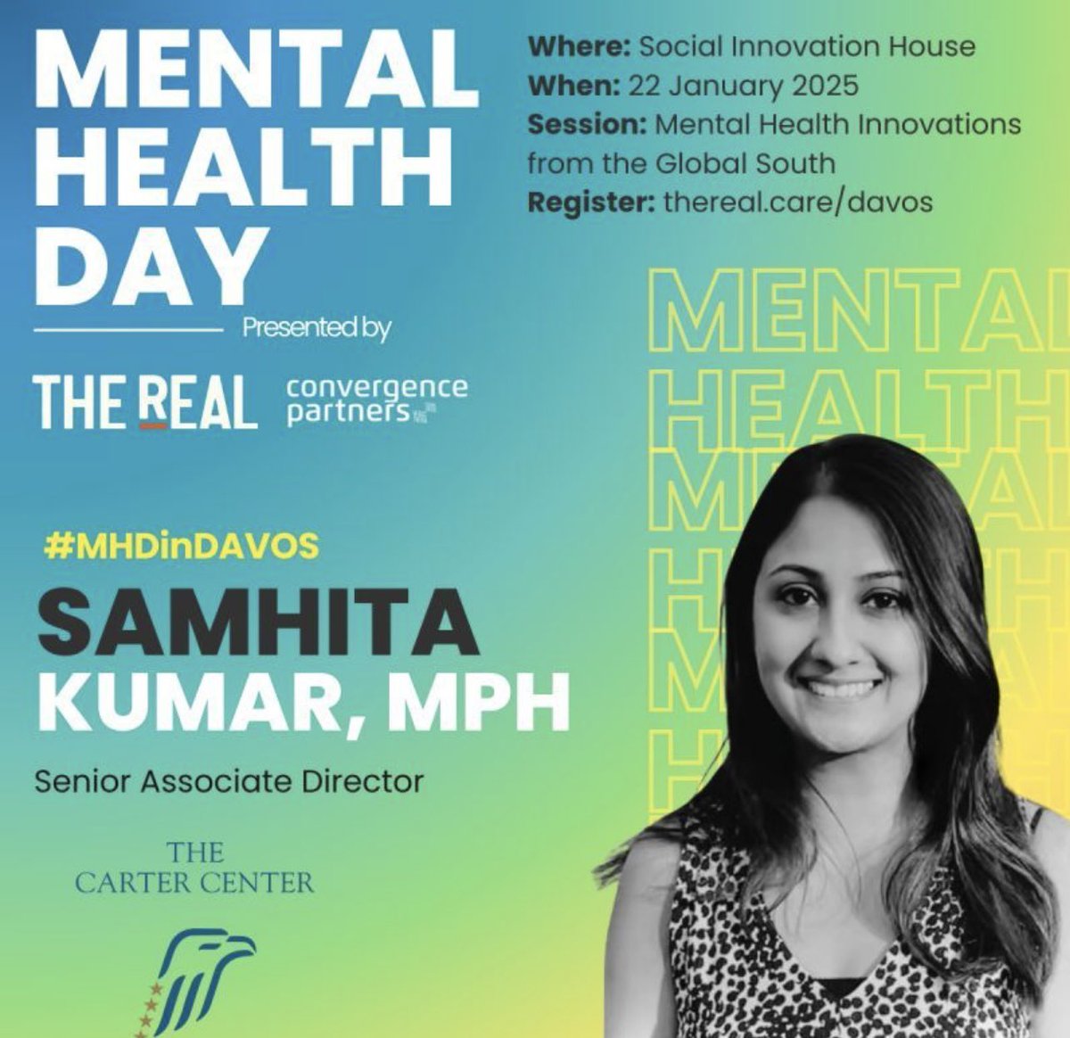 Proud to have <a href="/CarterCenter/">The Carter Center</a> Global Mental Health lead @SamhitaKumar speaking at Davos Mental Health Day panel at 12 pm ET. 

Watch below: 

#WEF25 #Davos

youtube.com/@catalystnowof…