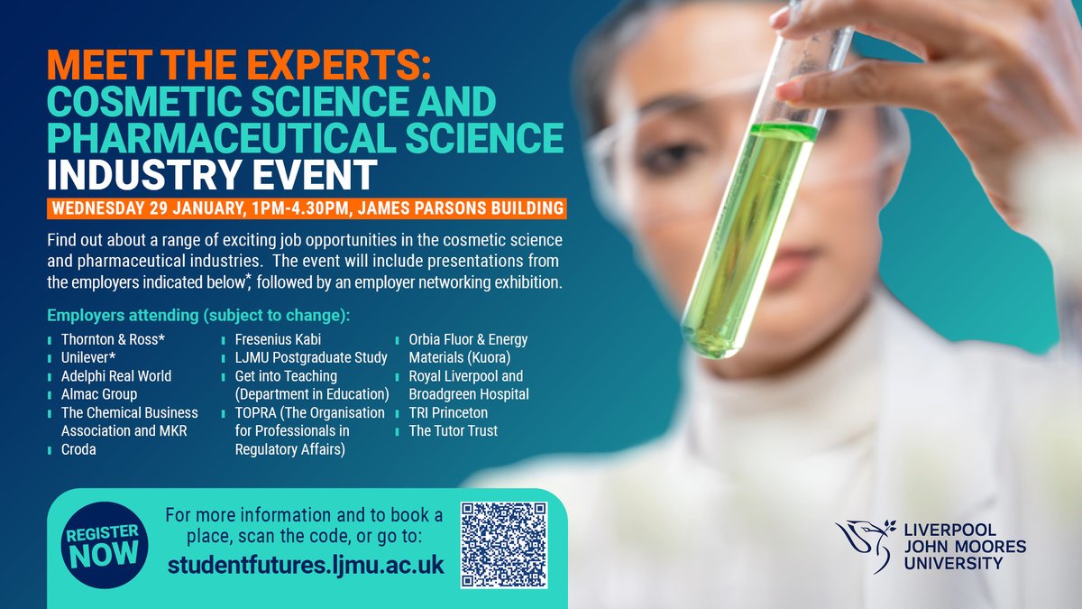 📢 Meet the Experts: Cosmetic Science &amp; Pharmaceutical Science Industry Event
🗓️ Wed 29 Jan, 1-4.30pm, Byrom St
Talks by industry experts about a range of job opps in cosmetic sci &amp; pharmaceutical sci industries, followed by employer networking exhibition  bit.ly/3WbblQL