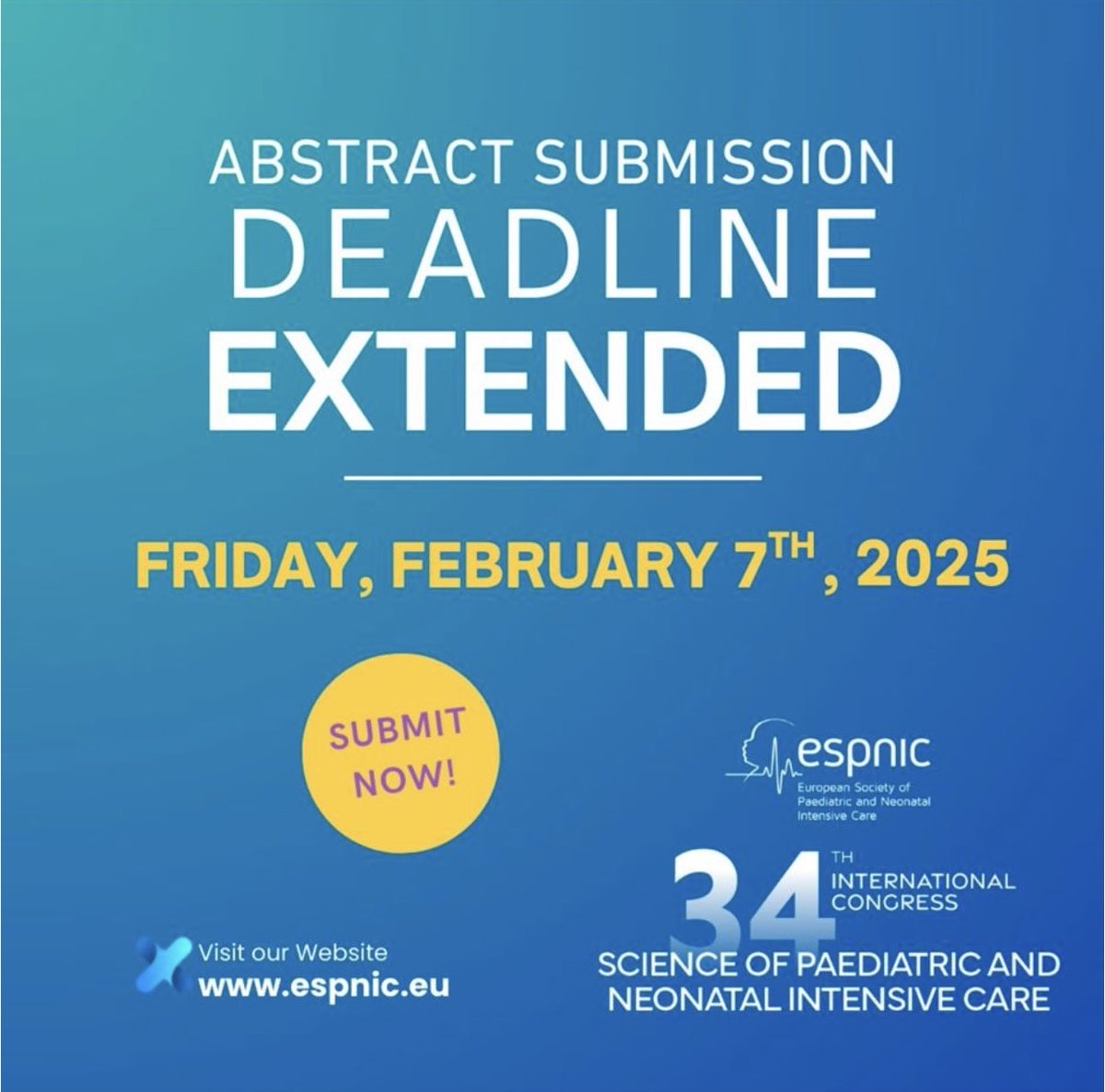 ⁦<a href="/ESPNIC_Society/">ESPNIC</a>⁩ extends the date for abstracts submission to 7th Feb 2025. Young investigator awards as always an attraction Don’t miss this opportunity; see you all in #Alicante June 25-28 2025 #PedsICU ⁦<a href="/WFPICCS/">WFPICCS</a>⁩ ⁦<a href="/PICSociety/">Paediatric Critical Care Society</a>⁩