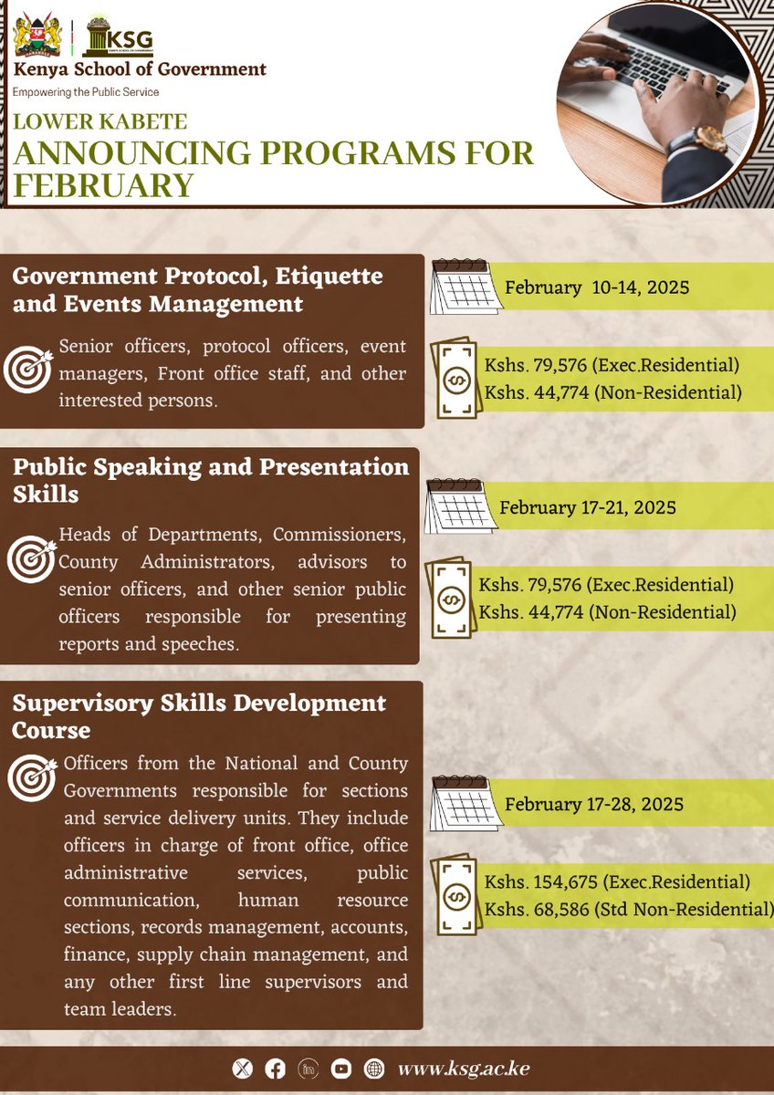 Kenya School of Govt (@ksgkenya) on Twitter photo Get in touch with us for your training in:
1. Government Protocol, Etiquette, Events Management
2. Public Speaking & Presentation
3. Supervisory Skills Development Course
Email: info@ksg.ac.ke
Call: 020-4015000/ 2375340
Register through: ksg.ac.ke Get in touch with us for your training in:
1. Government Protocol, Etiquette, Events Management
2. Public Speaking & Presentation
3. Supervisory Skills Development Course
Email: info@ksg.ac.ke
Call: 020-4015000/ 2375340
Register through: ksg.ac.ke