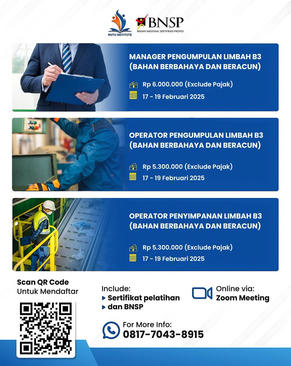 🌱✨ "Siap untuk meningkatkan kompetensi dalam pengelolaan limbah B3? Bergabunglah dengan pelatihan di Mutu Institute! Dapatkan pengetahuan dan keterampilan penting untuk menjaga lingkungan kita. Daftar sekarang dan jadi bagian dari perubahan positif! 💪🌍