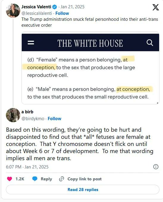 Wer mal wissen wollte, wie kompetent und wissenschaftlich Trump und seine Leute arbeiten:

Dank ihm ist jeder Amerikaner theoretisch als Frau geboren.
