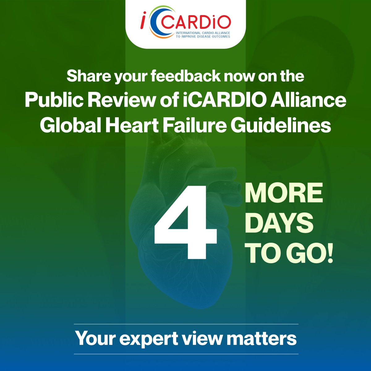 iCardio (@icardioalliance) on Twitter photo The countdown to the conclusion of the iCARDIO Public Review has begun!
4 more days to go! Donāt miss your chance to provide feedback on the Global Heart Failure Guidelines. Help shape the future of HF care.
Submit your feedback now: icardioalliance.org/public-reviews/
<a href="/ShelleyZieroth/">Shelley Zieroth</a> The countdown to the conclusion of the iCARDIO Public Review has begun!
4 more days to go! Donāt miss your chance to provide feedback on the Global Heart Failure Guidelines. Help shape the future of HF care.
Submit your feedback now: icardioalliance.org/public-reviews/
<a href="/ShelleyZieroth/">Shelley Zieroth</a>
