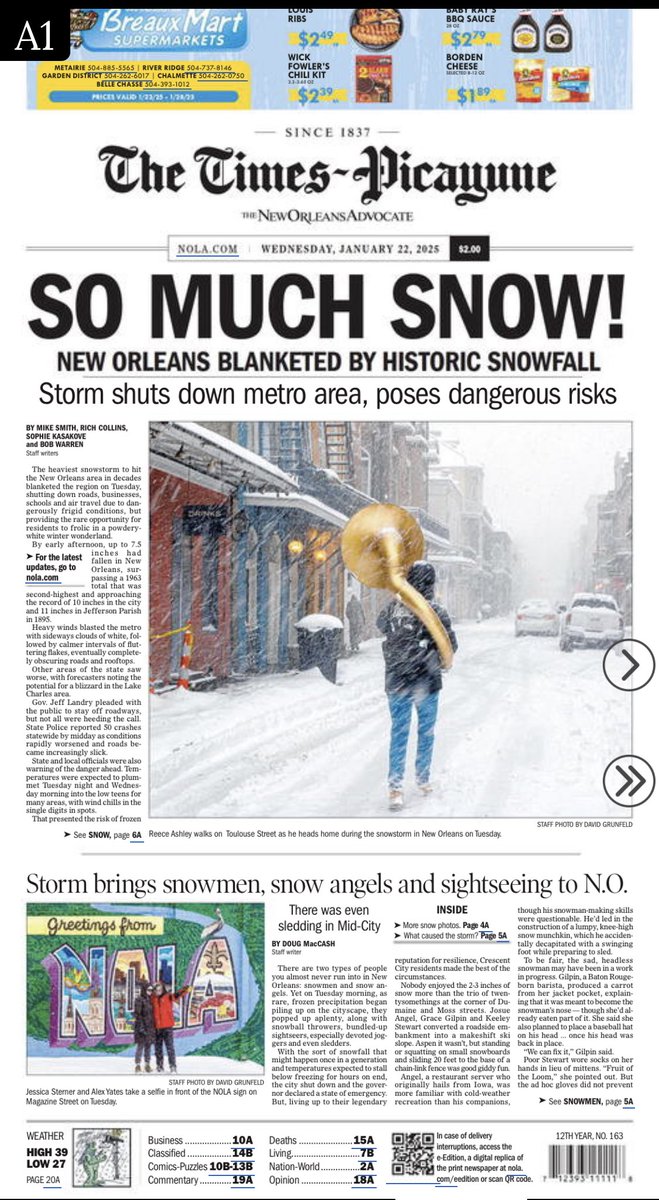 The front page of today’s Times-Picayune, which was, in fact, delivered today.