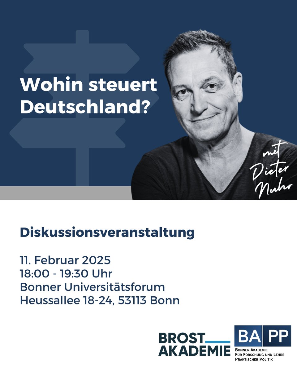 Bonner Akademie (@bonnerakademie) on Twitter photo Aufgepasst!
Am 11. Februar ´25 findet unsere #Veranstaltung „Wohin steuert Deutschland?“ in #Bonn statt. Anmeldungen sind möglich unter veranstaltungen@bapp-bonn.de. Wir freuen uns auf Sie! Aufgepasst!
Am 11. Februar ´25 findet unsere #Veranstaltung „Wohin steuert Deutschland?“ in #Bonn statt. Anmeldungen sind möglich unter veranstaltungen@bapp-bonn.de. Wir freuen uns auf Sie!