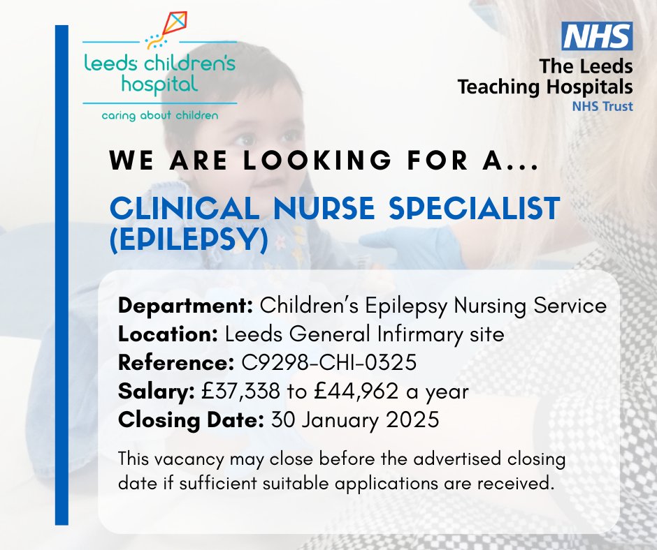 Join our Children's Epilepsy Nursing Team as a Clinical Nurse Specialist! Find out more and apply here:

jobs.nhs.uk/candidate/joba…