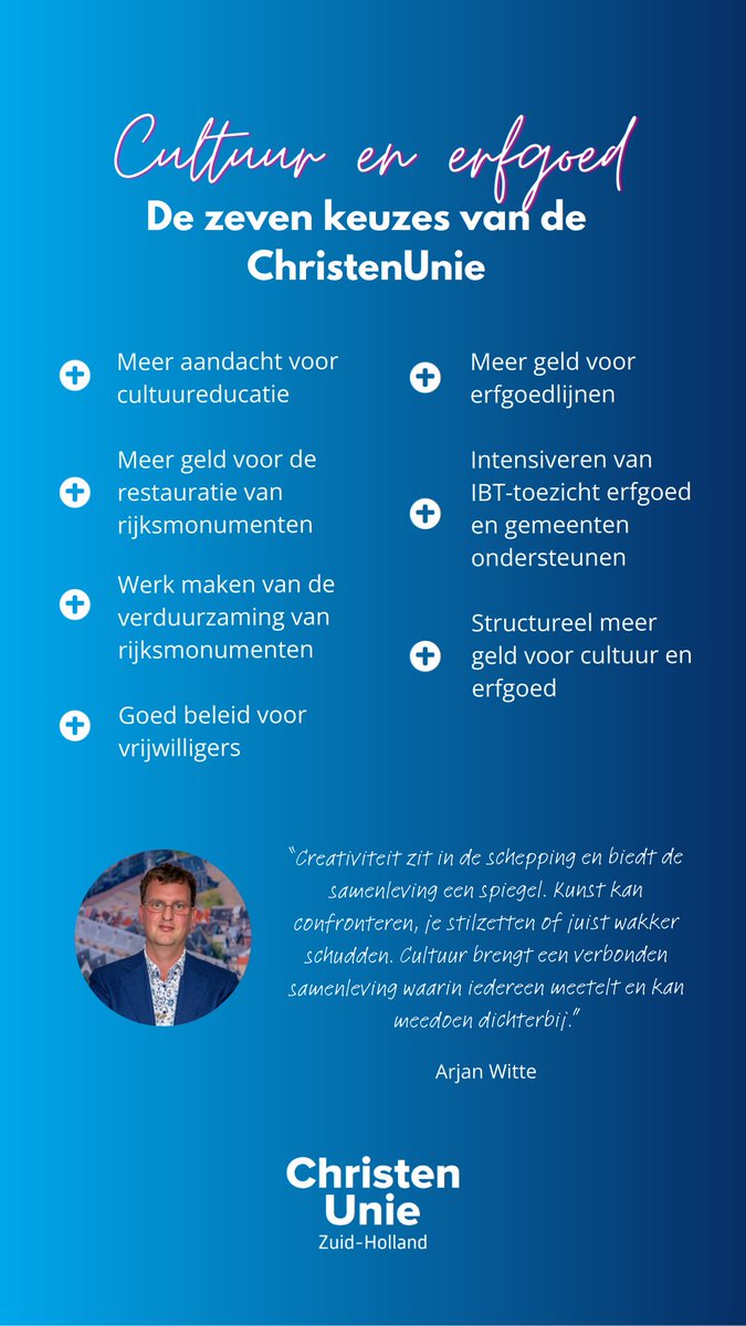 Zuid-Holland moet hier geen hekkensluiter willen zijn, aldus <a href="/wittearjan/">Arjan Witte</a>. Cultuur is te belangrijk; allereerst voor ieder persoonlijk, maar ook voor de samenleving als geheel. 

Daarom pleit <a href="/CU_ZH/">ChristenUnie Zuid-Holland</a> voor meer geld voor cultuur en erfgoed en maakt daarbij deze keuzes 👇