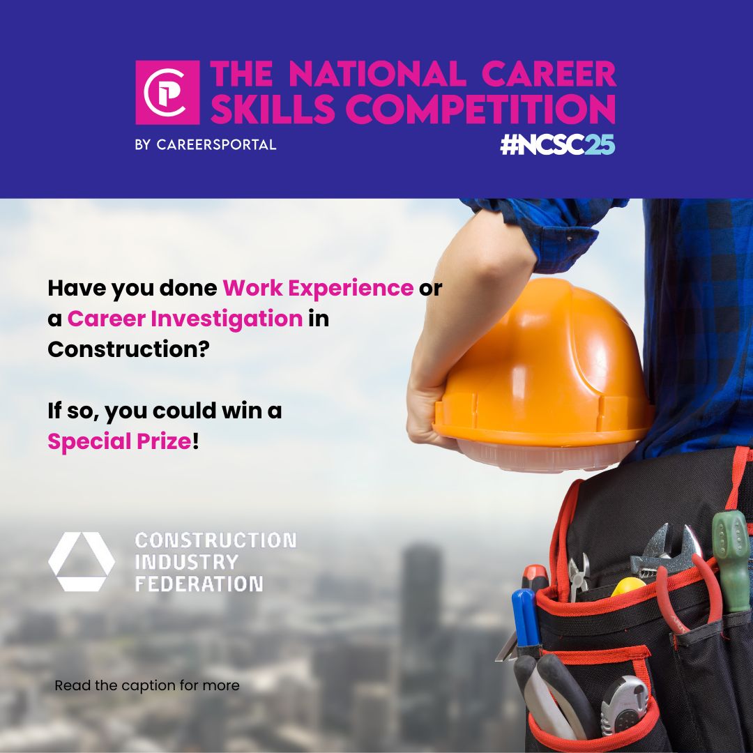 Have you or will you be doing work experience in the construction industry? 🏗️
👷‍♀️👷‍♂️ If so, you can enter the National Career Skills Competition 2025 for a chance to win a special prize. 

Learn more: CareerSkills.ie
#NCSC25 #Haveyougottheskills? 
Partner: @cif_ireland