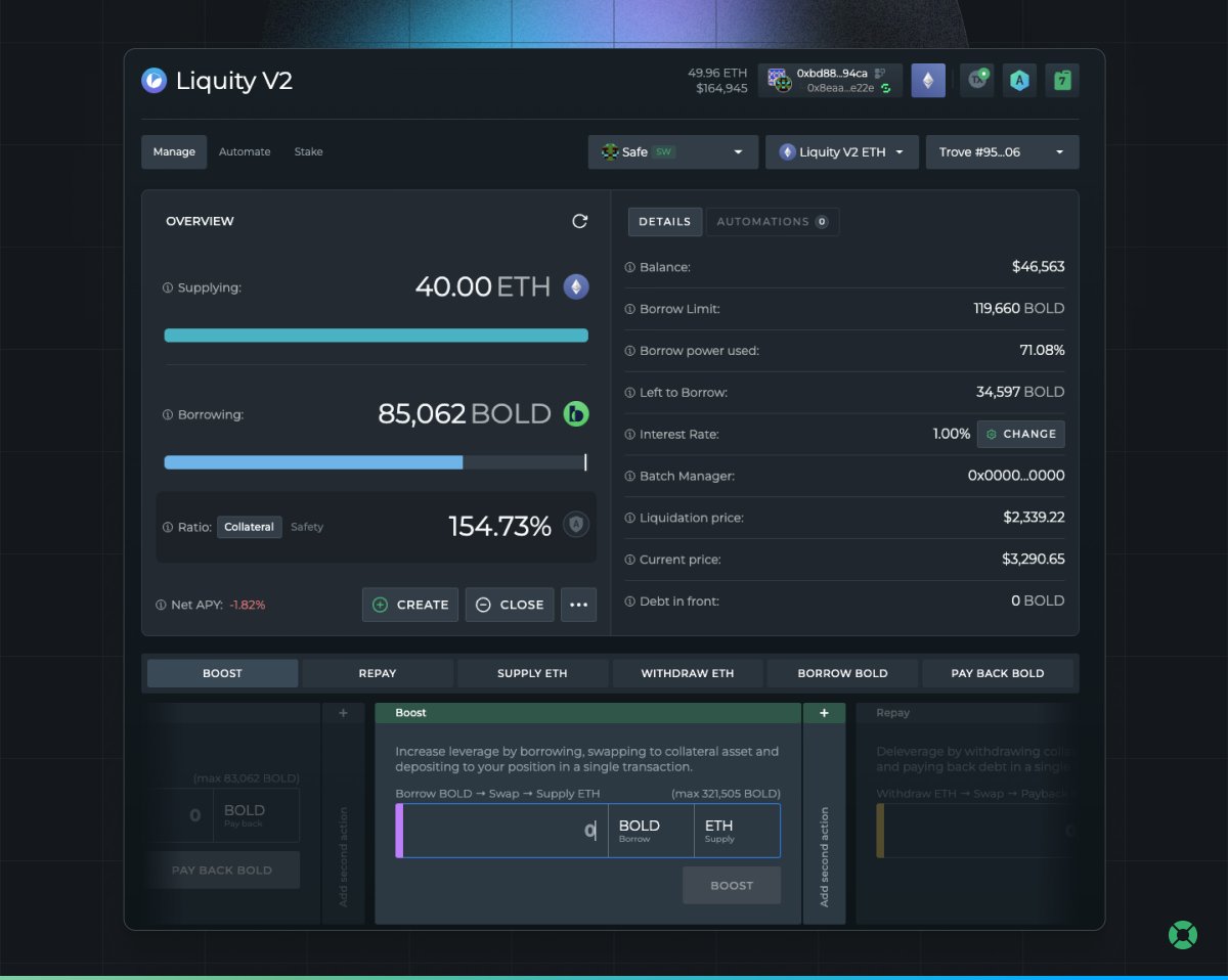 DeFiSaver's tweet photo. Liquity V2 goes live tomorrow together with instant DFS support.

We're super excited about this launch and here's why:

Liquity V1 launched in April 2021 and reached $4.5B in TVL (over 1.2m $ETH at the time!) a mere month and a half later. This was a fully immutable DeFi protocol providing borrowing and leverage for ETH holders while also introducing LUSD, as one of the best DeFi stablecoins seen yet.
With V1 it took us over 2 months to add support, though we're proud to highlight we still became one of the most popular frontends for Liquity, thanks to constant shipping of new tools for Liquity users.

There won't be any such delays this time around, however: our Liquity V2 support will go live in parallel with the protocol launch.

And yes it will have all our signature features, including a custom dasboard, 1-tx leverage management features, multiple automation options, as well as Loan Shifter support at launch.
While V1 succumbed to the pressure of ever changing conditions in the DeFi space due to its static design around borrow fees, V2 introduces new mechanics that should make V2 and $BOLD resilient no matter the broader market conditions.

Here are our 4 favourite changes in V2 for lenders:

1. User set interest rates
The largest change in V2 is the ability for users to set their own interest rate, effectively allowing the whole protocol to adjust to changing ecosystem and market conditions.

2. New collateral types
While V1 only had the option of borrowing against ETH, V2 introduces support for most popular LSTs, too, with both @LidoFinance's $wstETH and @Rocket_Pool's $rETH available.
3. Multiple Troves per account
Users in V1 were limited to one, single Trove per account, but thankfully V2 allows creating and owning multiple no matter if they're the same or different collateral types.

4. Multiple stability pools
Liquity V2 introduces a separate stability pool for each of the supported collaterals. And given that V2 redirects all revenue towards growing the stablecoin, it might even happen that arbitrage opportunities arise between different collaterals and different stability pools.

These are just a few things we like, but we also recommend checking out changes around $BOLD and V2 forkonomics to get a more complete picture of the new Liquity.

Tomorrow will be a bold new day - see you all on mainnet soon.