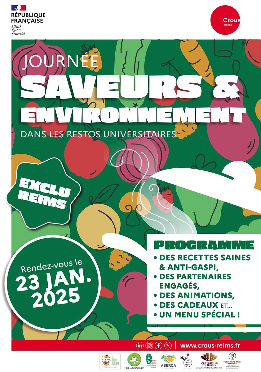 Le <a href="/Crous_Reims/">Crous Reims</a> , en partenariat avec l'#URCA, vous invite à découvrir une alimentation plus respectueuse de l'environnement lors d'une journée placée sous le signe de la cuisine durable et saine !

📍Jeudi 23 janvier pendant la pause méridienne, dans tous les restaurants