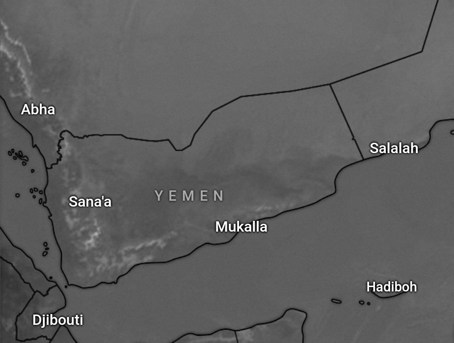 صورة خاصة بالسحب عند الساعة 05:03م.
وتظهر تشكل للسحب الركامية المتفرقة على اجزاء من المرتفعات الجبلية وارخبيل سقطرى والمناطق الداخلية من السواحل الجنوبية.

وكلها بمشيئة الله تعالى