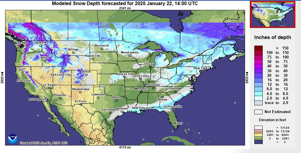 NWSBinghamton's tweet image. Here is the latest snow depth analysis from NOHRSC. The south has received fresh snowpack from a historic storm while areas in the Midwest remain bare. In the Northeast, we continue to hang onto our snowpack thanks to below freezing conditions for most of January.
#nywx #pawx