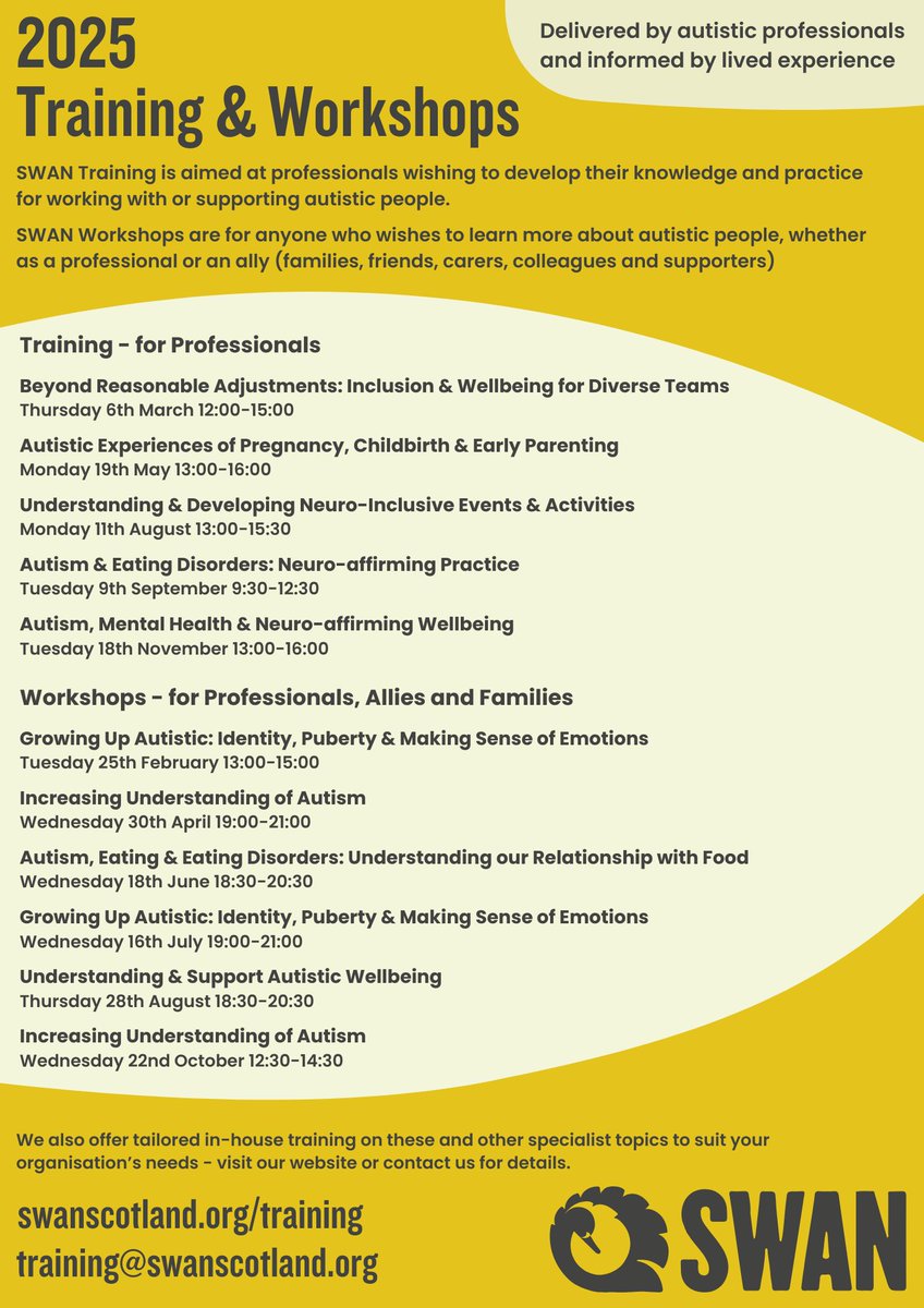 SWAN (@swanautism) on Twitter photo We are very excited to announce the launch of our 2025 training and workshop calendar. All sessions are now open for booking
Further information and booking can be found on our
website - swanscotland.org/training
or by contacting info@swanscotland.org We are very excited to announce the launch of our 2025 training and workshop calendar. All sessions are now open for booking
Further information and booking can be found on our
website - swanscotland.org/training
or by contacting info@swanscotland.org