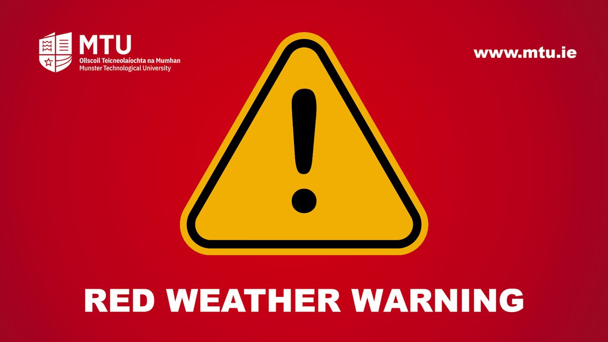 MTU_ie's tweet image. WEATHER WARNING: MTU Campuses Closed Friday Morning - Friday 24 Jan 2025.
Met Eireann have issued a Red wind warning for Friday 24 Jan from 3am to 10am followed by an Orange warning until 5pm. As a result, all MTU campuses will remain closed until 12 noon on Friday 24th. We…